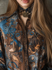 Vintage Baroque Print Brown & Blue Long Sleeve Blouse