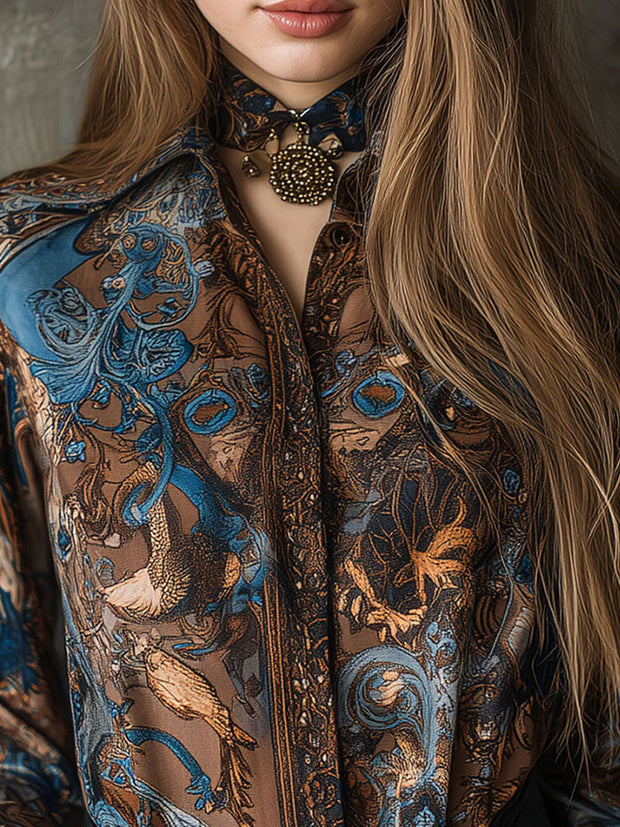 Vintage Baroque Print Brown & Blue Long Sleeve Blouse