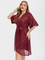 V-Neck Belted Tulip Hem Sequin Midi Dress