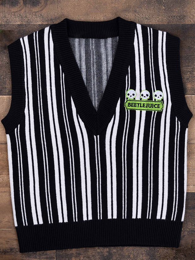 Halloween Horror Movie Embroidery Pattern Striped Knit Vest