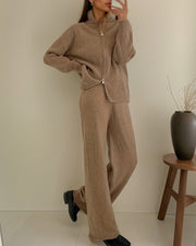 Zipper lapel knitted cardigan + wide-leg pants