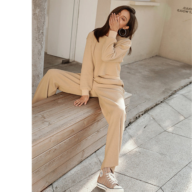 Simply Solid Color Long Sleeves Women Set