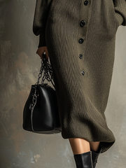 Retro High-neck Contrast Buttons Knitted Midi Dress