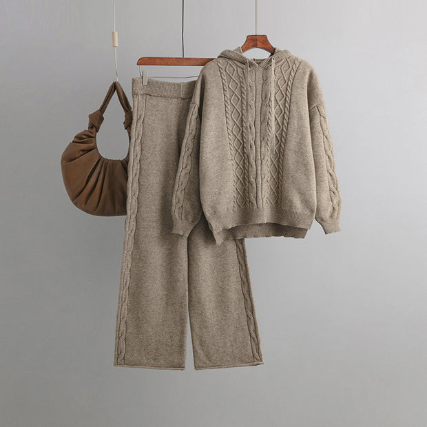 Drawstring hooded sweater + wide-leg trousers two-piece set