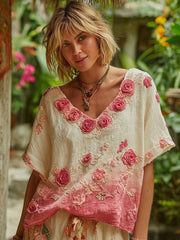 Cozy Pink Rose Gradient Art Short Sleeve Linen Blend T-shirt