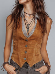 Vintage Crocodile Texture Caramel Eco-suede Slim Fit Vest