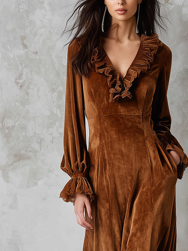 Retro Ruffle Neck Lace Trim Eco-friendly Velvet Midi Dress