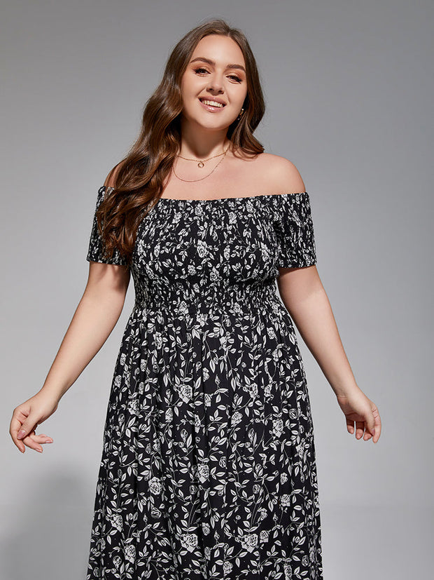 Plus Floral Off-Shoulder Split Midi Dress