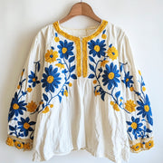 Ukrainian Ethnic Yellow And Blue Floral Embroidery Women's Linen Blouse