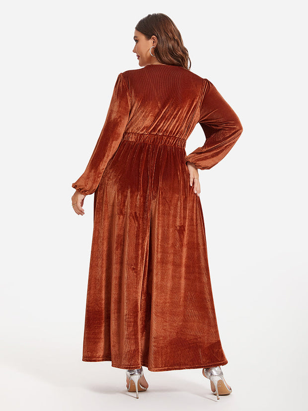 Lantern Sleeve Ruched Velvet Maxi Dress