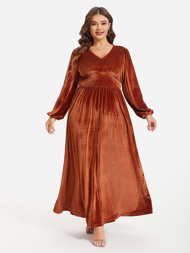 Lantern Sleeve Ruched Velvet Maxi Dress