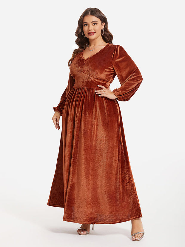 Lantern Sleeve Ruched Velvet Maxi Dress