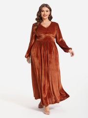 Lantern Sleeve Ruched Velvet Maxi Dress