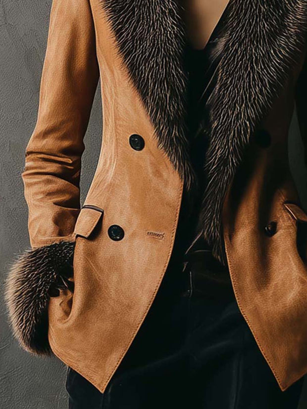 Eco-friendly Suede Double-Breasted Jacket With Faux Fur Collar & Cuffs