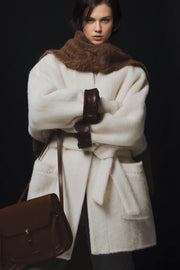 Luxury Ostrich-Texture Patchwork Wool-Blend Alpaca Coat for Women – Elegant Fall Winter Outerwear