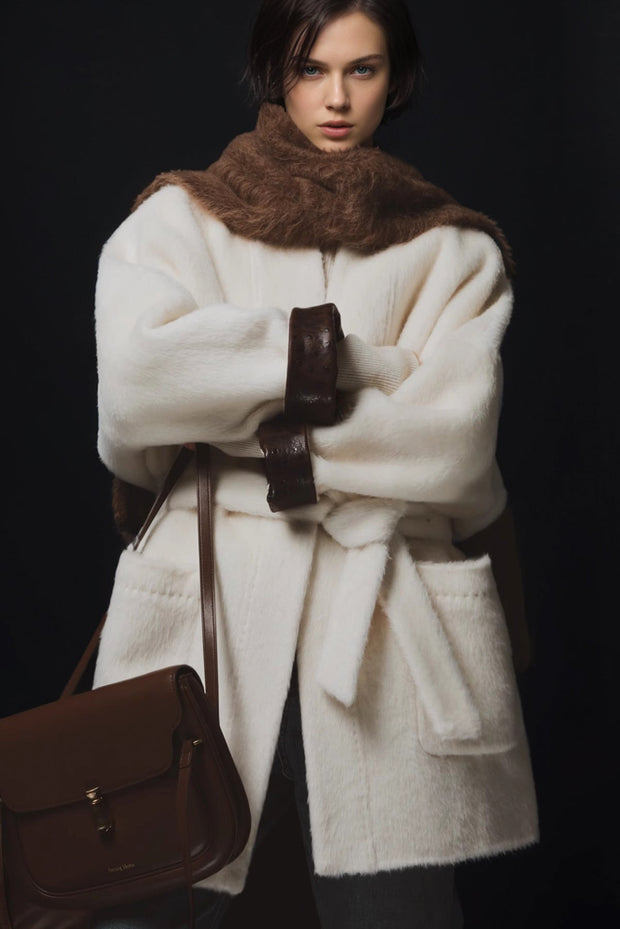 Luxury Ostrich-Texture Patchwork Wool-Blend Alpaca Coat for Women – Elegant Fall Winter Outerwear