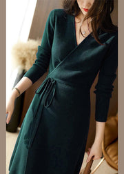 Elegant Navy V Neck Lace Up Patchwork Cotton Knit Mid Dress Fall