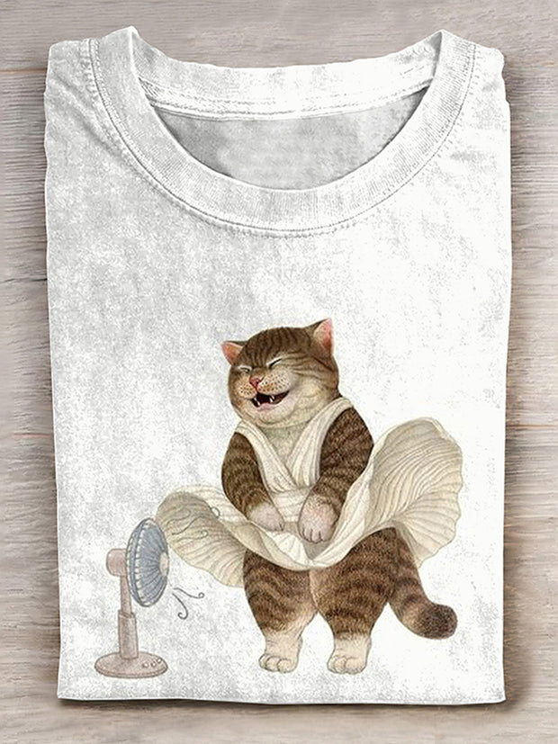 Funny Cat Print Crew Neck Short Sleeve T-Shirt