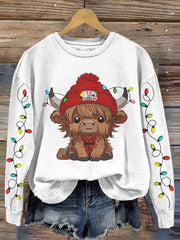 Vintage Scottish Highlander Baby Highland Cow With Christmas Lights Embroidery Pattern Print Ladies Sweatshirt