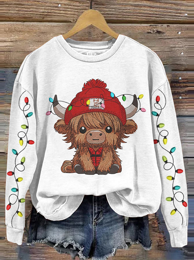 Vintage Scottish Highlander Baby Highland Cow With Christmas Lights Embroidery Pattern Print Ladies Sweatshirt