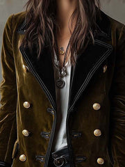 Olive Synthetic Velvet Double-Breasted Military Coat
