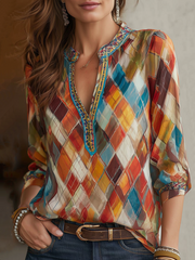 Retro Henley Collar Colorful Diamond Long Sleeve Blouse