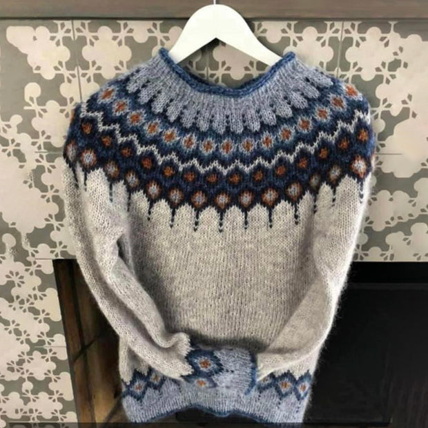 Unisex Vintage Icelandic Blue Knit Jacquard Warmth Crew Neck Sweater