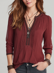 Vintage Contrast Trim Pleated Long Sleeve Henley Shirt