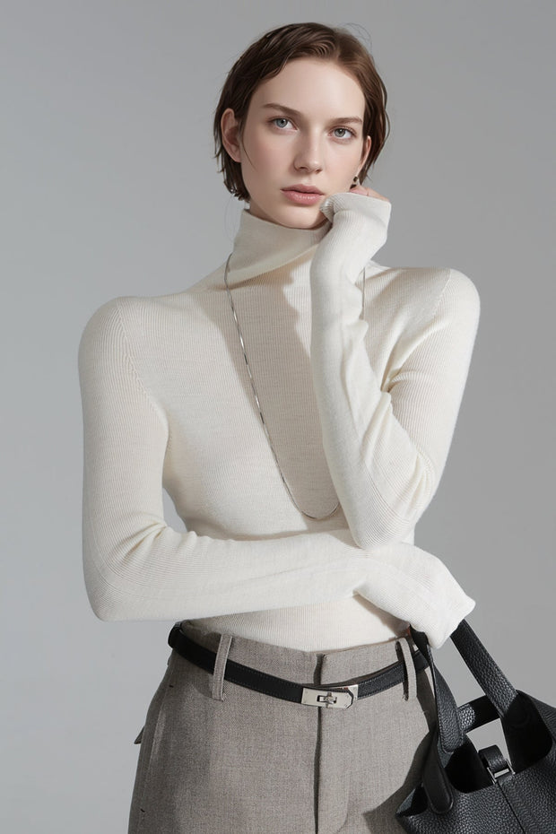 Merino Wool Minimalist Mock Neck Ribbed Knit Top – Cross-Strap Seamless Solid Color Sweater