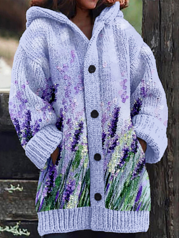 Lavender Painting Art Pattern Cozy Hooded Cardigan