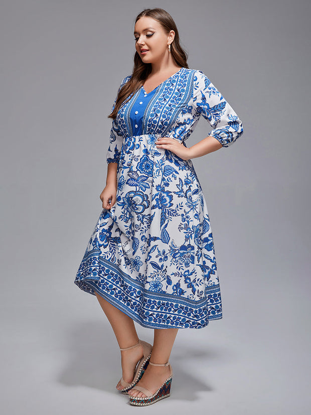 Plus Floral V-Neck Lantern Sleeve Boho Midi Dress