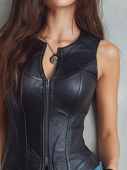 Vintage Zipper Collar Slim Fit Eco-Leather Vest