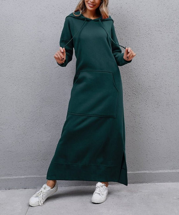 Autumn Winter New Loose Velvet Casual Fashion Big Pocket Knitted Hooded Maxi Dress