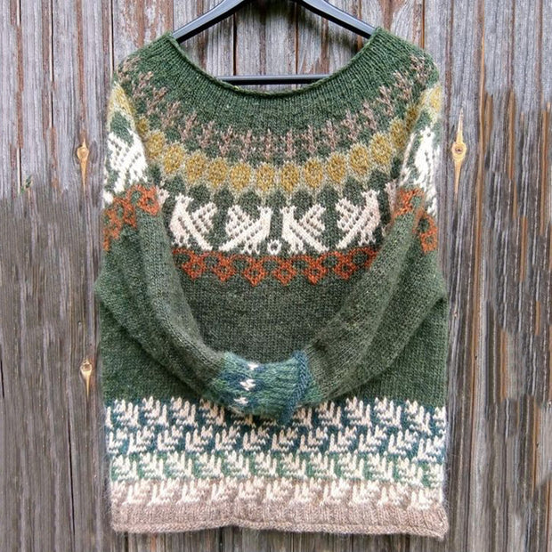 Vintage Icelandic Cute Bird Knit Jacquard Warmth Crew Neck Sweater(Unisex)