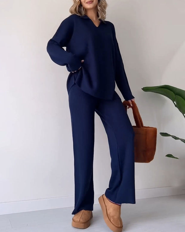 V-neck casual slit knitted two-piece set