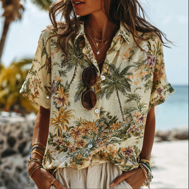 Hawaiian-style Floral Lapel Short-sleeved Shirt