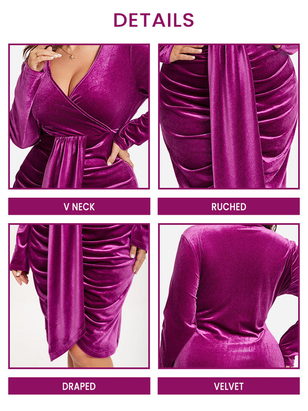 V-Neck Ruched Draped Velvet Dress