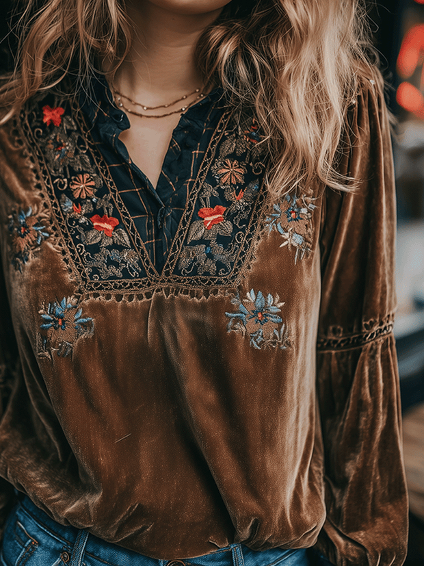 Bohe Brown V-Neck Velvet With Floral Embroidery And Lace Blouse