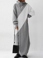 Contrasting Casual Zipper Hooded Sweatshirt Maxi Dress