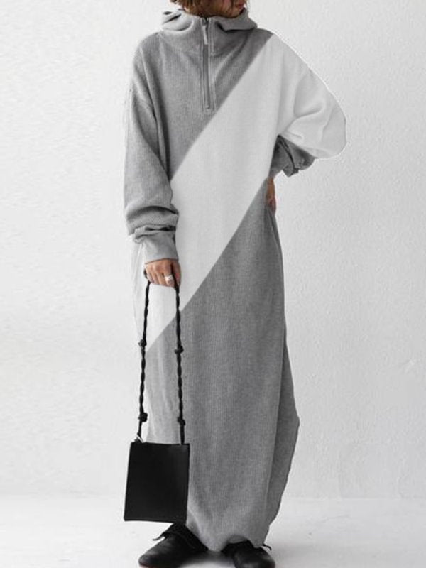 Contrasting Casual Zipper Hooded Sweatshirt Maxi Dress