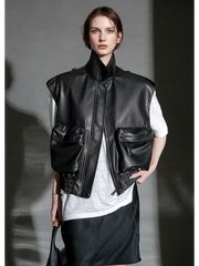 Women’s Short Sheepskin Leather Vest – Bubble Leather Design with Pockets, Notched Collar & Shoulder Strap Details