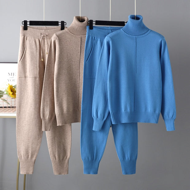 Turtleneck solid color sweater knitted two-piece set