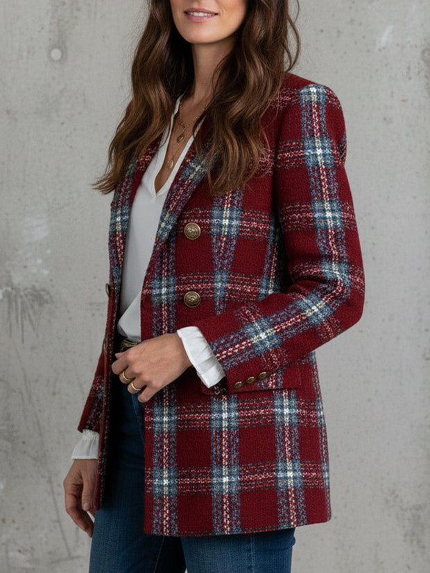 Retro Contrast Plaid Wool Double-breasted Coat