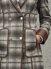 Plaid Print Faux Suede Coat With Leather Trim