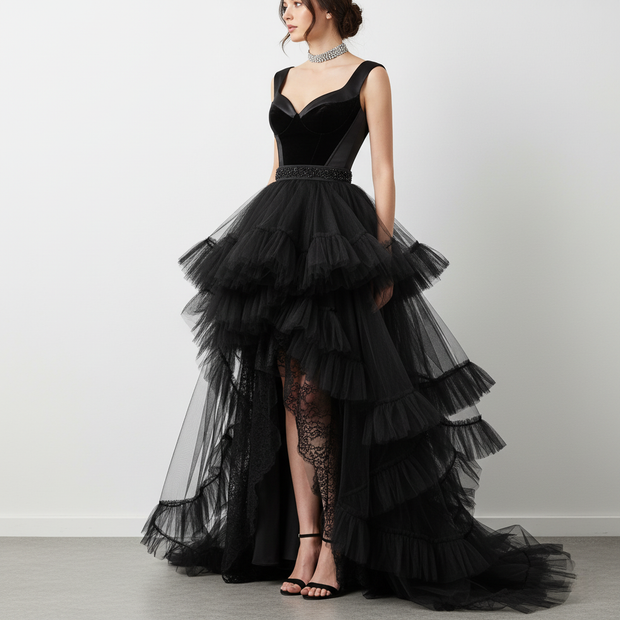 Elegant Black Tiered Ruffle High-Low Gown