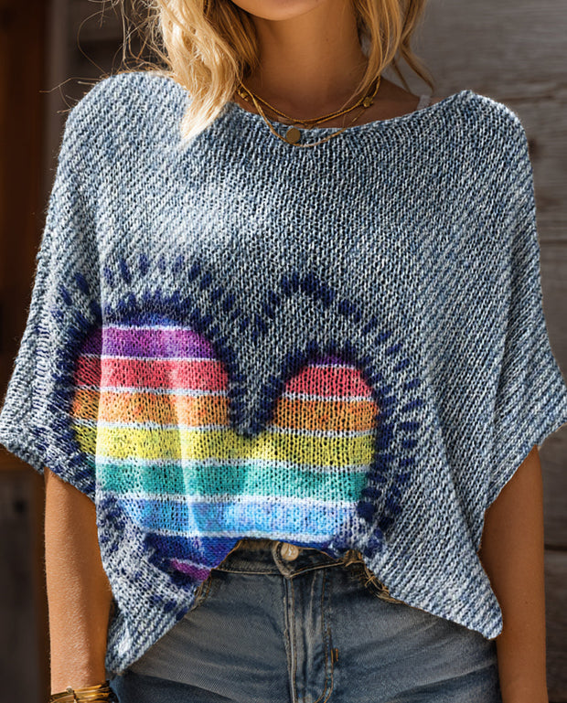 Women's Rainbow Heart Art Pattern Print Casual Pullover Sweater