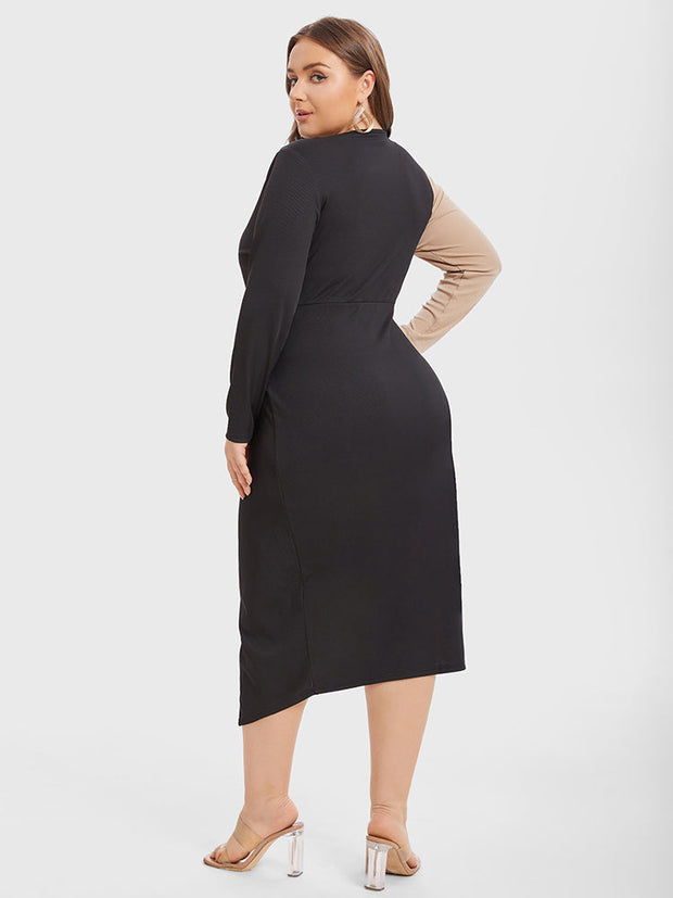 Two Tone Twist Front Asymmetrical Hem Midi Dress