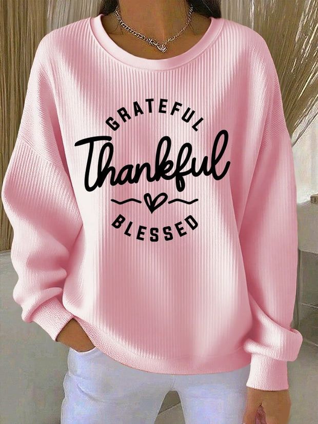 Women's Casual Vintage Grateful Thankful Blessed Textured Sweatshirt