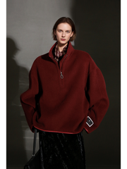 Oversized Camel Hair Sweatshirt Coat for Women – Stand Collar Double-Faced Wool Jacket with Minimalist Luxe Style