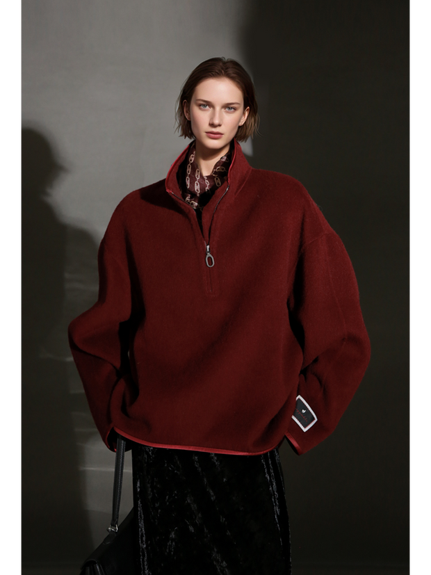 Oversized Camel Hair Sweatshirt Coat for Women – Stand Collar Double-Faced Wool Jacket with Minimalist Luxe Style